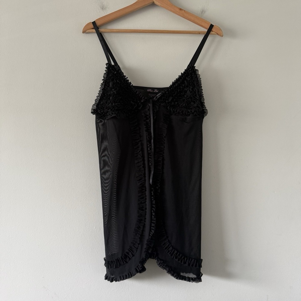 Y2K BabyDoll Sheer Top XL Ruffle Mesh Cami Romantic Boho Witchy Sexy Fairy Black